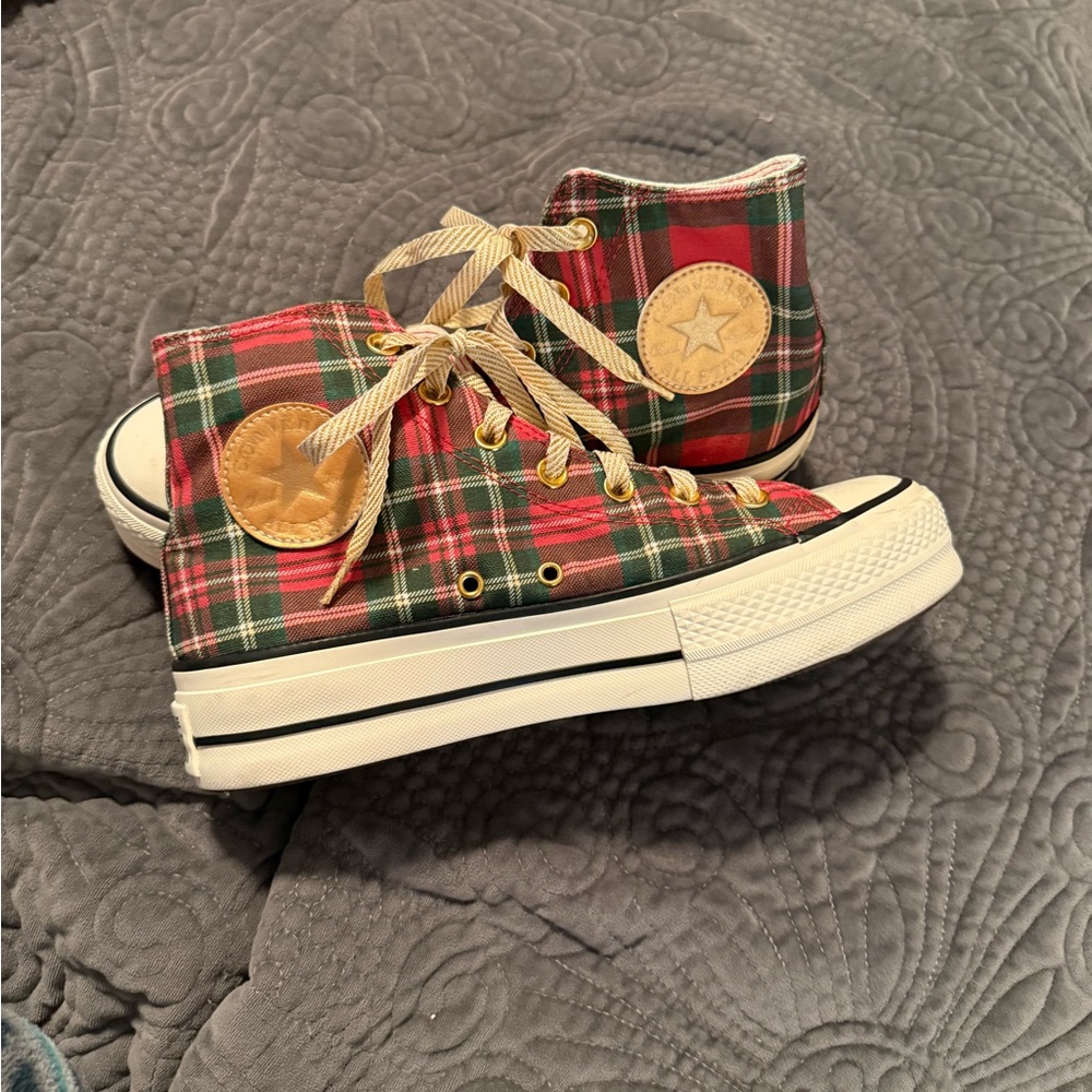 Converse High Top Red Plaid with Gold Laces